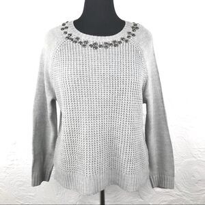 89th & Madison Gray Knit Jeweled Crew Neck Sweater